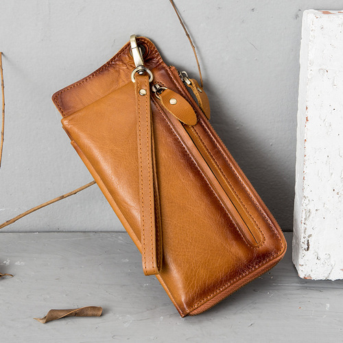 Men's New Genuine Leather Grab Bag Large Capacity Casual Handbag Multi-functional Wallet Multi-card Slot Zipper Phone Bag