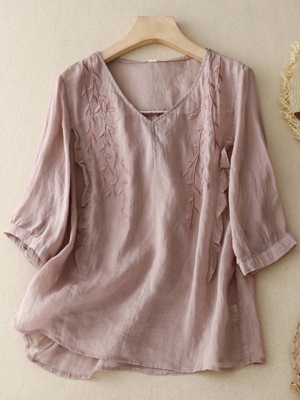 2025 新しい夏のリネンスーツの女性のハイエンド七分袖 V ネック刺繍シャツ綿とリネンのワイドレッグパンツ 2 点セット|undefined