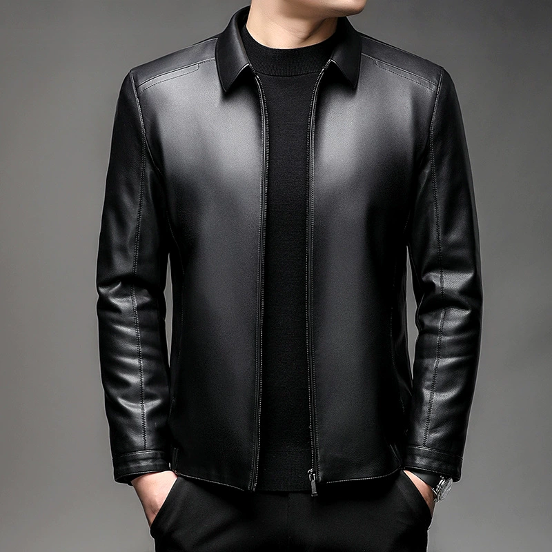 Весенняя и осенняя новая мужская кожаная куртка мужской средний возраст кожаная куртка с воротником и бархатный тонкий кожаный топ