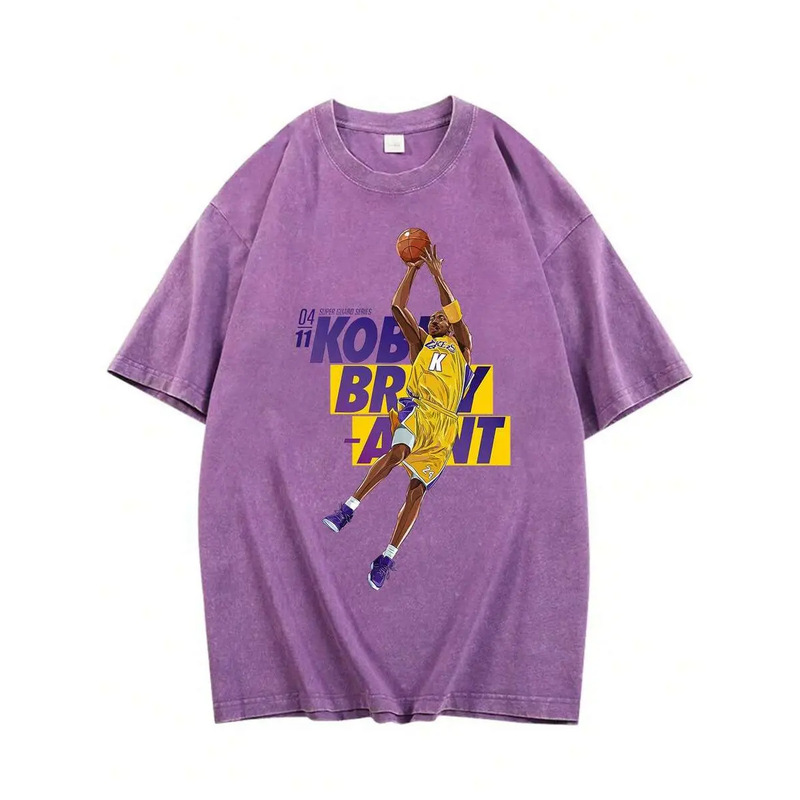 230g European Size Pure Cotton Men's Drop-Shoulder Pure Cotton T-Shirt with Vintage Basketball Pattern, Suitable for Sports and Everyday Street Wear