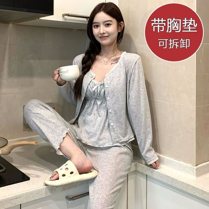 新款带胸垫三件套装睡衣女春秋季长袖网红甜美纯欲风家居服可外穿|undefined