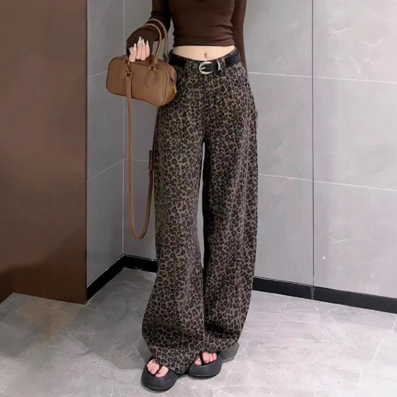 美式设计感豹纹牛仔裤女新款高腰垂感显瘦阔腿裤大码直筒拖地长裤|undefined