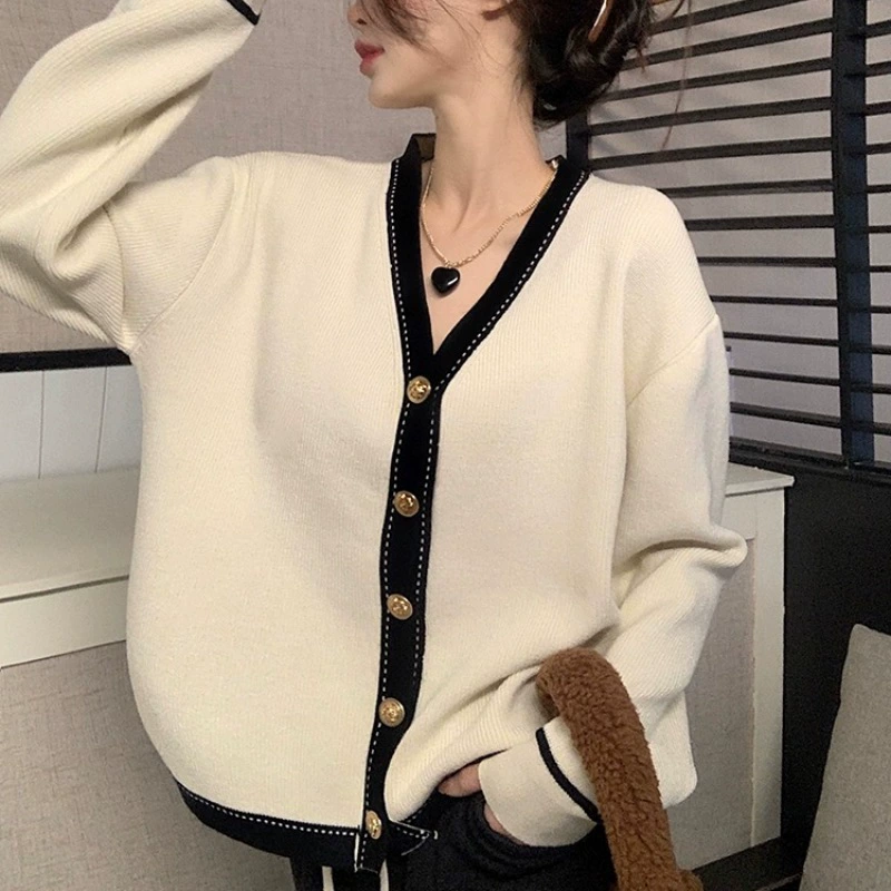 Новинка осенне-зимний Свободный вязаный кардиган в Корейском стиле с V-образным вырезом в ленивом стиле, свитер контрастных цветов, пальто для женщин