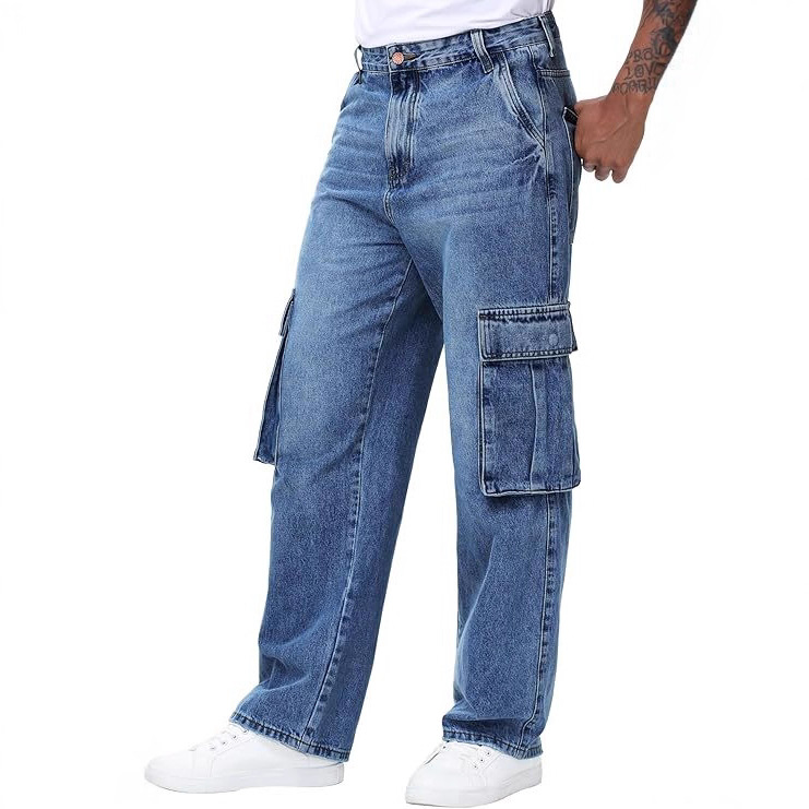 Jeans Rectos con Múltiples Bolsillos para Hombre, Mezcla de Algodón, Elásticos, Corte Holgado, para Uso Diario