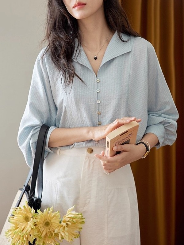 Moriirose 蓝绿条纹翻领排扣长袖衬衫女秋季法式复古气质通勤上衣|undefined