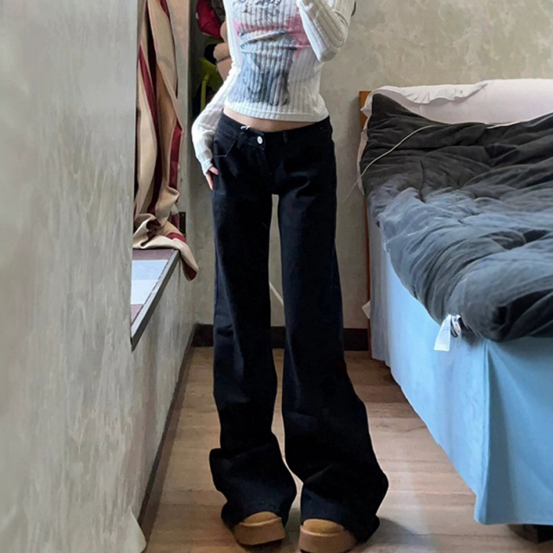 Trendy low-waist black jeans for women, wide-leg, slightly flared, new spring/autumn style, loose, slimming, versatile, floor-length bell-bottom pants