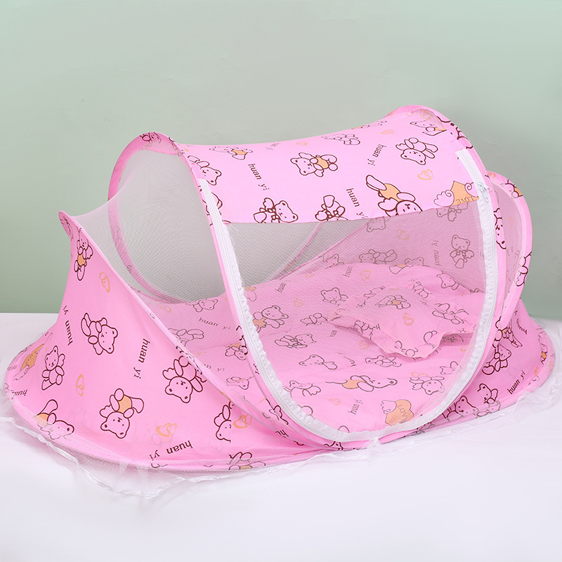 Cross-Border Baby Mosquito Net, Foldable Mosquito Net for Babies, Children's No-Installation Mosquito Net with Bear Design, Cotton Pad and Pillow, Three-Piece Set