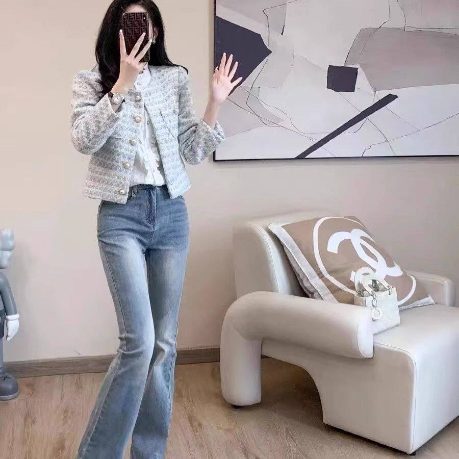 Áo khoác ngắn nữ cổ tròn dài tay phong cách thanh lịch cúc ngọc trai — Xanh nhạt chi tiết 6