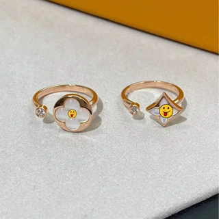 驴家V金尖花圆饼戒指女天然贝母厚镀18K金四叶草指环日韩风格戒指