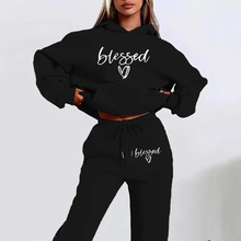 跨境外贸卫衣加绒欧美女装秋冬女装印花个性休闲两件套装A20印花