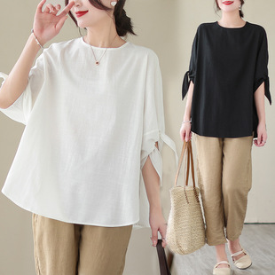 2025 Summer Women's Clothing Japanese and Korean New Fat mm Large Size Loose Bat Shirt Lace-Up Round Neck Cotton and Linen Women's Tops Are Now Available