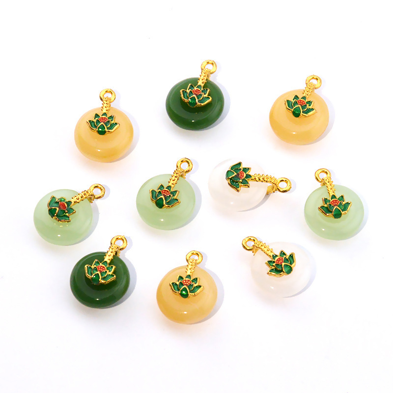 Chinese Style High Color Oil Dropping Lotus Imitation Jade Ping An Buckle Alloy Pendant Hanfu Cheongsam Accessories Bracelet Accessories