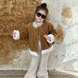 2023冬季新品  韩版童装  女童夹棉加厚呢子大衣  圆领短款外套