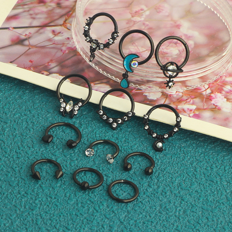 12-Piece Black Stainless Steel Nose Ring Set - Cross-Border Open Ring Nose Stud Ear Bone Piercing Jewelry detail image 11