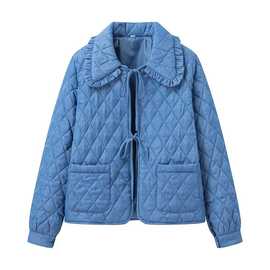 批发2024春新品欧美风女装翻领菱形格轻薄棉服小棉衣