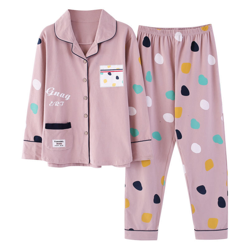 Pijamas de primavera y otoño de las mujeres más el tamaño % de algodón de manga larga traje de dos piezas Otoño e Invierno Delgado se puede usar fuera de casa