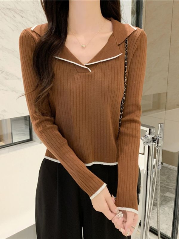 Polo襟のニットの底のシャツの女性2025春の新型の長袖のtシャツのセーターの春の服の上着の春秋の金|undefined