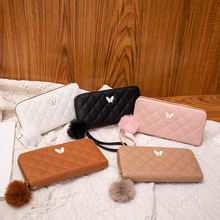 蝴蝶结菱格长款钱包2024广州箱包批发时尚质感小包毛绒单拉零钱包