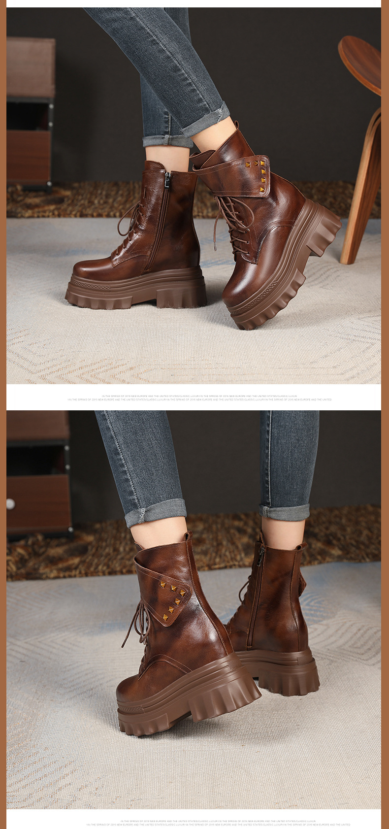 Boot Martin đinh tán cổ cao đế dày độn bên trong gót 10 cm — Màu đen lót nhung chi tiết 4