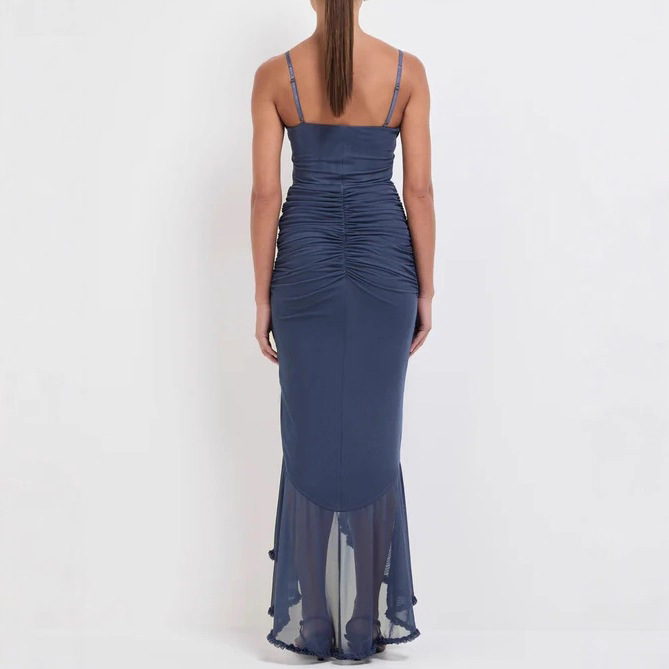 New Cross-Border European and American Internet Celebrity Mesh Suspender Pleated Evening Dress Pleated Lace Elegant Tulle Skirt European and American Long Skirt