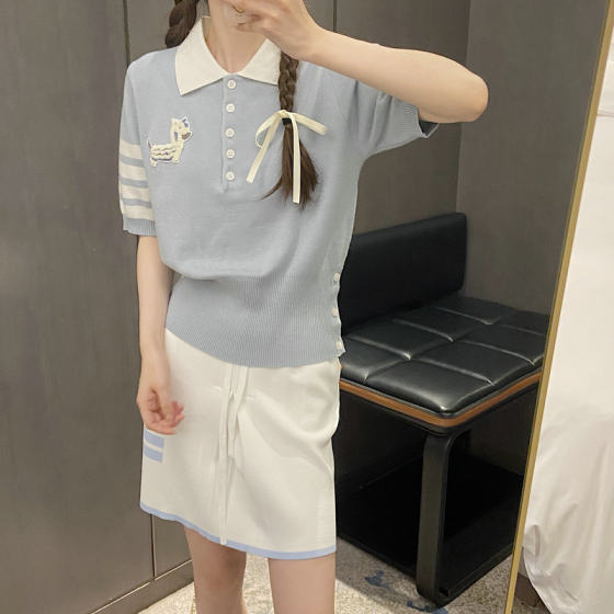 9371 Limited Short Sleeve Embroidered Puppy College Style Polo Shirt Contrasting Color Four Bar Casual Short Sleeve Sweater