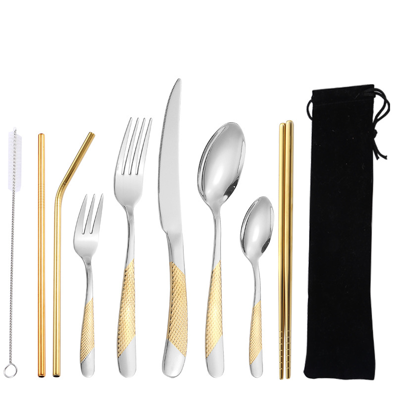 Amazon Tik Tok productos calientes Acero inoxidable portátil vajilla traje estrella diamante cuchillo tenedor cuchara paja 9 unidades traje