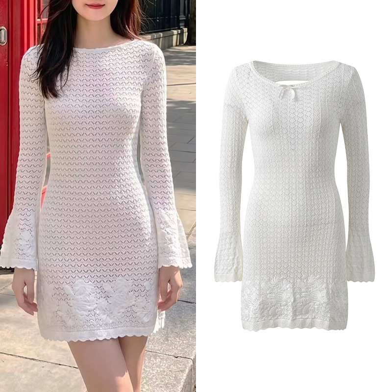 2026 Summer New Pure White Crochet Design Backless Tie-Up Round Neck Slim Fit Knit Dress Short Skirt 2026 Summer New Pure White Crochet Design Backless Tie-Up Round Neck Slim Fit Knit Dress Short Skirt