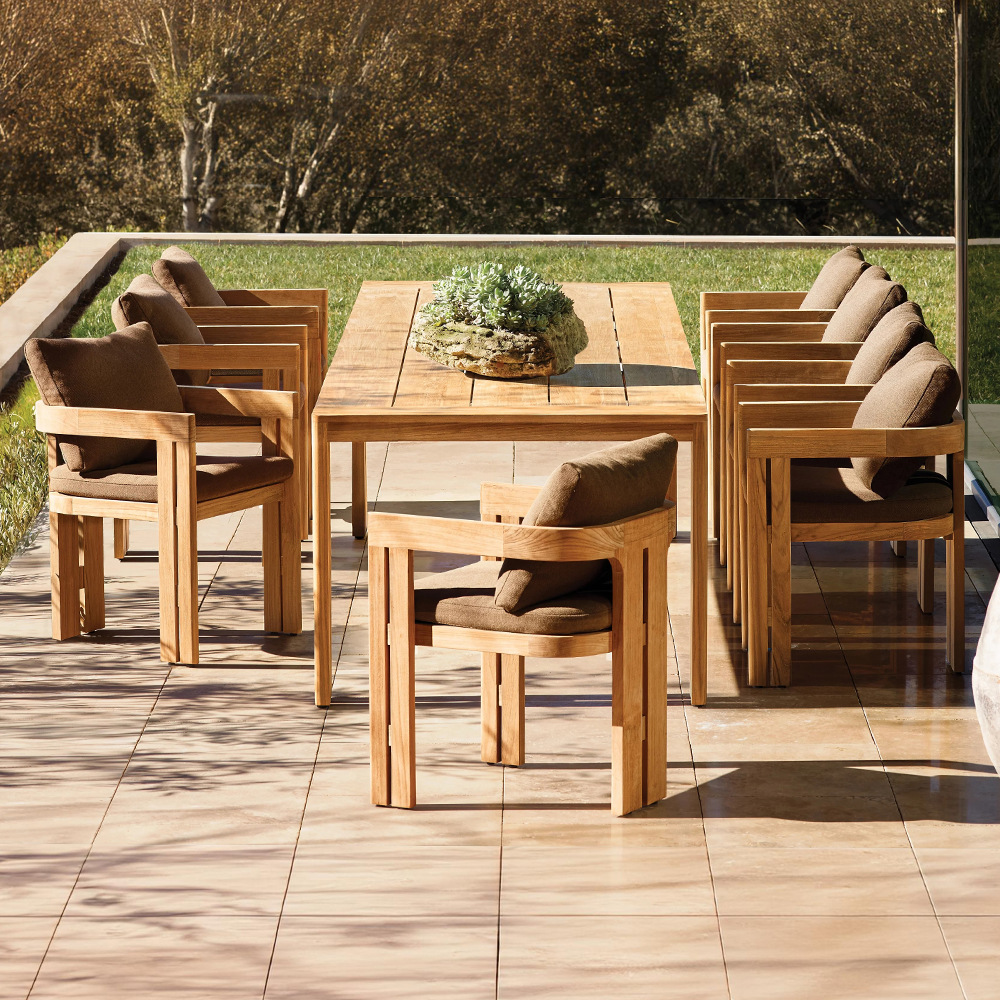 Mesa y silla de teca al aire libre, terraza de jardín al aire libre, muebles impermeables, protección solar, villa, patio, combinación de mesa y silla de madera maciza
