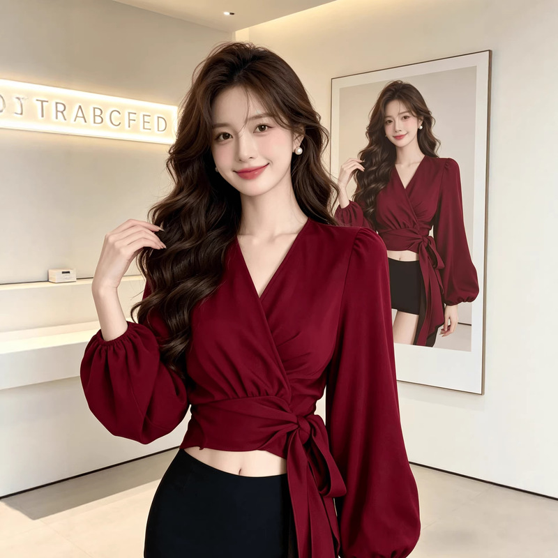 Elegant cross-collar long-sleeve shirt for women, autumn waist-cinching tie-up shirt, unique design, slim-fit short top Elegant cross-collar long-sleeve shirt for women, autumn waist-cinching tie-up shirt, unique design, slim-fit short top