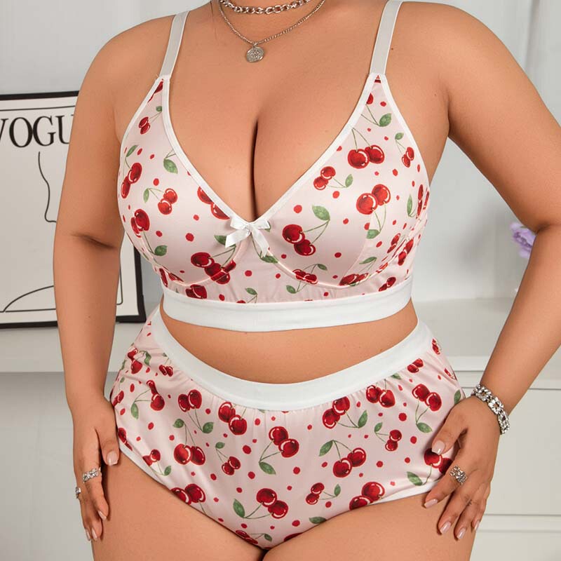 European and American Popular Cherry Floral Sexy Lingerie Women's Thin Bra with Lift, Pure Desire Style, Plus-Size Bra and Panty Set