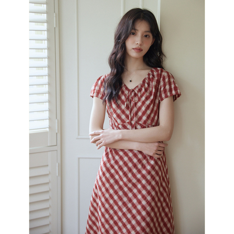 MIXABO レトロコントラストチェック柄小さなフライングスリーブプリーツ V ネックドレス女性の夏の休暇ウエスト痩身チェック柄スカート|undefined