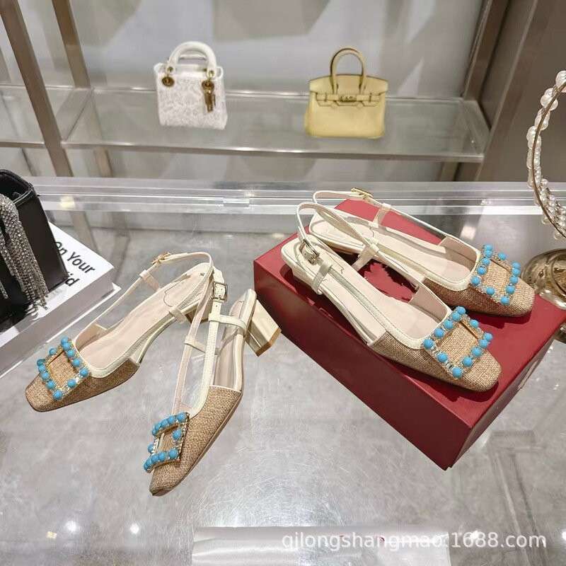 High-End 2026 Spring and Summer New Cotton and Linen Square-Toe Thick-Heeled Toe Sandals with Elegant Pearl Square Buckle Color Matching Shallow Mouth Women's Shoes High-End 2026 Spring and Summer New Cotton and Linen Square-Toe Thick-Heeled Toe Sandals with Elegant Pearl Square Buckle Color Matching Shallow Mouth Women's Shoes