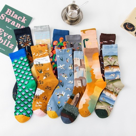 Cross-Border New Autum Classic Oil Painting Trend Socks for Men and Women, Trendy Socks Ins Style Combed Cotton Socks, All Year Round Socks