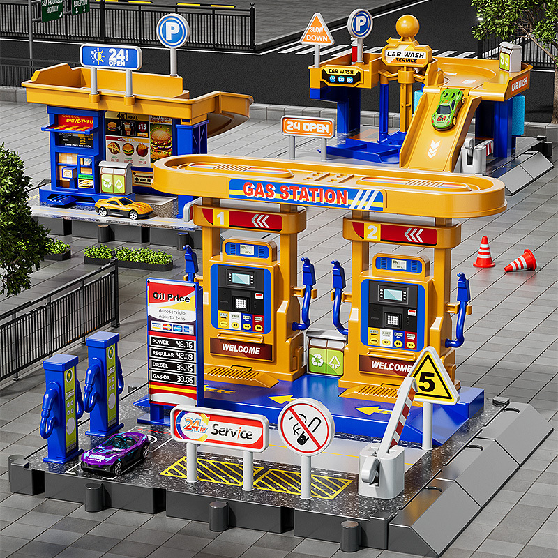 Gas Station Children's Model Pretend Play Educational Toy Scene Track Slide Small Car Car Wash Restaurant Boy
