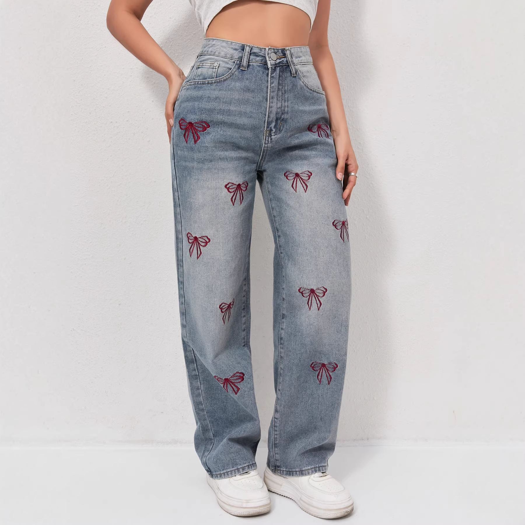 Temu Cross-Border New Style National Style Embroidered Wide-Leg Floor-Length Jeans for Women, Slimming Straight-Leg Pants, Loose-Fit Jeans for Women