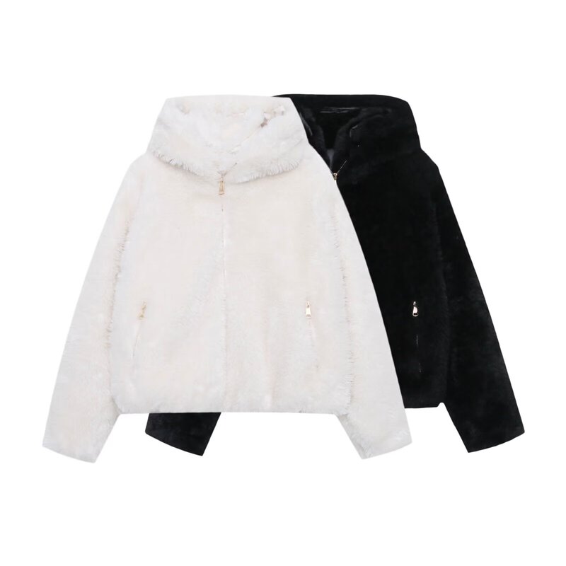 Cross-Border European and American Foreign Trade 2026 New Women's Fashion Loose Hooded Faux Fur Warm Zipper Jacket Coat