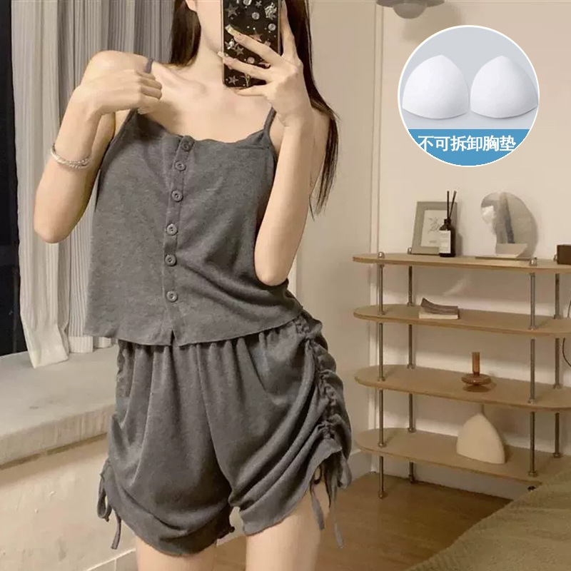 Women's sling pajamas summer with chest pad Internet celebrity new pure cotton style high-end gray high-grade simple girl season