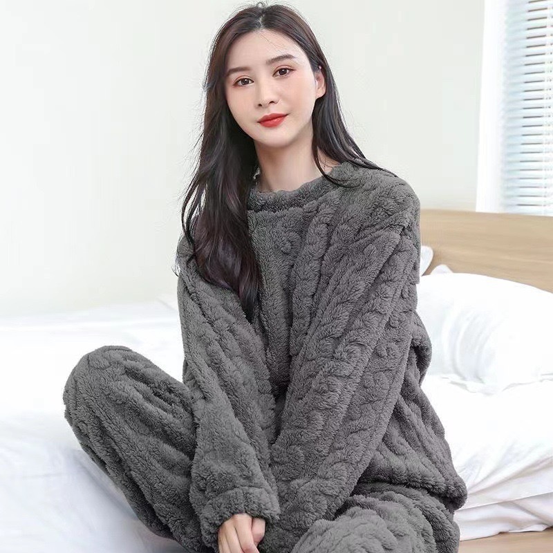 保暖纯色法兰绒舒棉绒家居服女提花新款睡衣套装长袖加厚冬情侣款|undefined