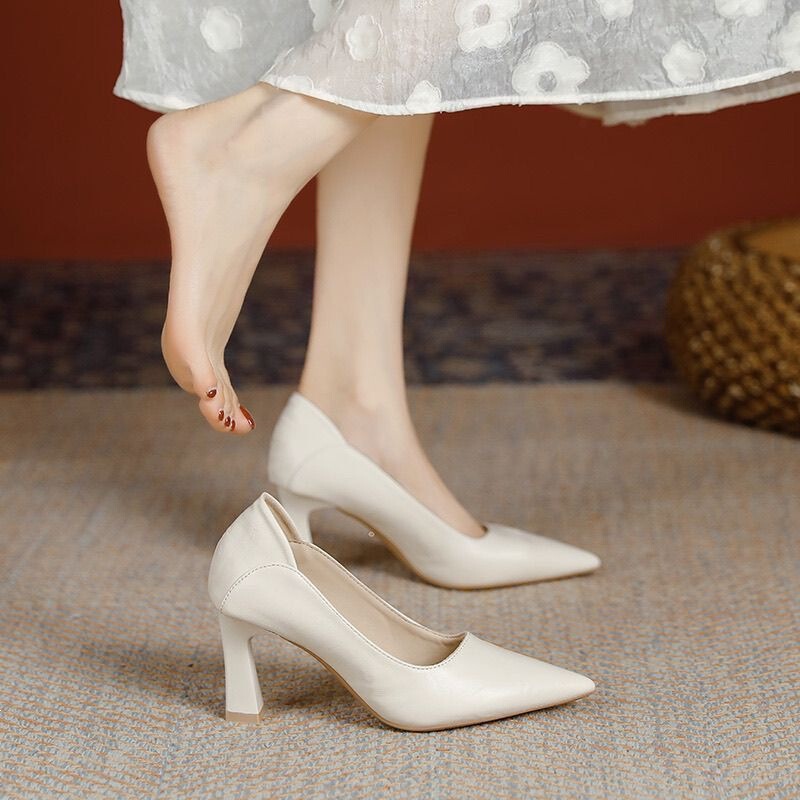 Soft-Soled Genuine Leather Sexy Professional Shoes for Work, Black Work Shoes for Women, Fully Comfortable High Heels, Thin Heels, Sheepskin