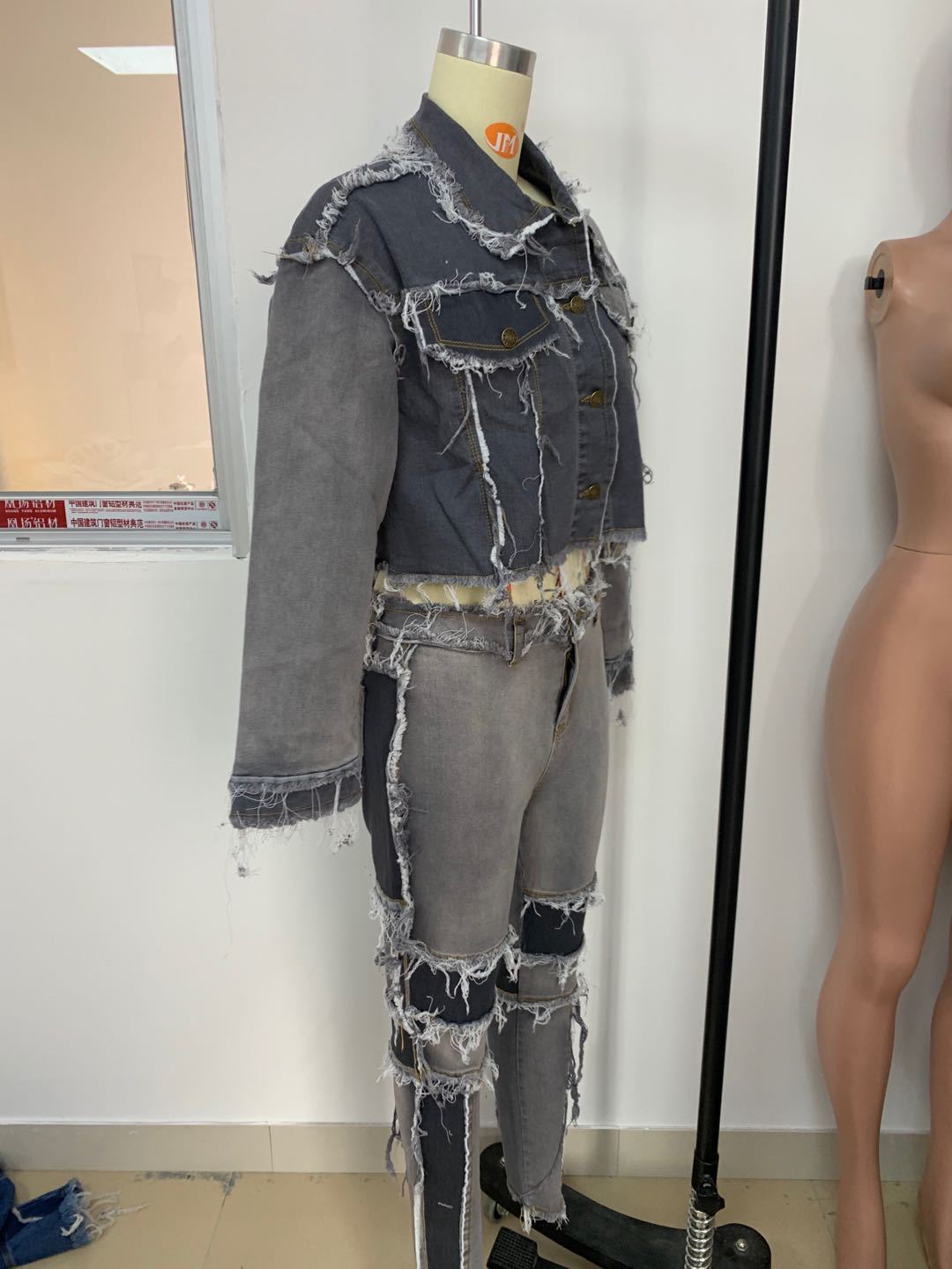 Trendy Women's Denim Jacket & Pants Set With Patchwork Design - Comfortable Polyester Blend For Casual & Office Wear_voghion.com