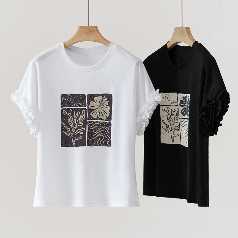 Yb631 # Coral Floral Wave Print Summer Casual Versatile Printed Short-Sleeved Top with Niche Design Yb631 # Coral Floral Wave Print Summer Casual Versatile Printed Short-Sleeved Top with Niche Design