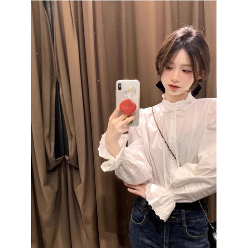 Early spring French retro fungus lace white shirt for women spring and autumn stand-up collar tie-in shirt long-sleeved top