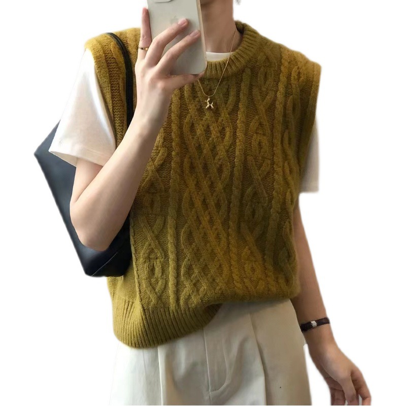 Estilo coreano grueso flojo apilado Chaleco de punto exterior cuello redondo chaleco vintage giro suéter sin mangas para las mujeres Otoño e Invierno