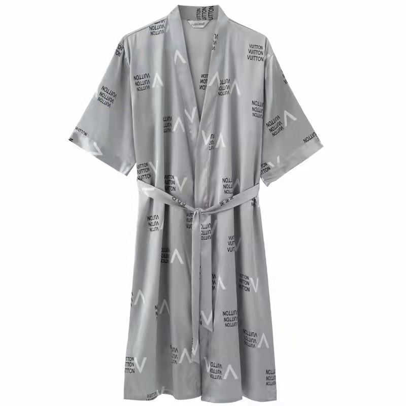 Cross-Border Men's Summer Short-Sleeved Thin Ice Silk Sexy Bathrobe Men's Spring and Autumn Long-Sleeved Silk Pajamas Home Wear