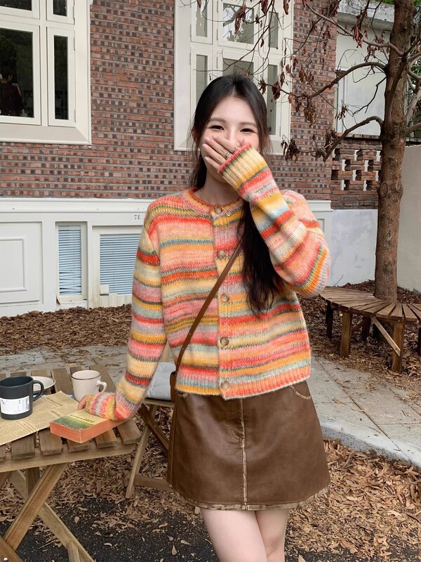 彩色条纹针织开衫女秋冬法式复古多巴胺慵懒风小个子撞色毛衣外套|undefined