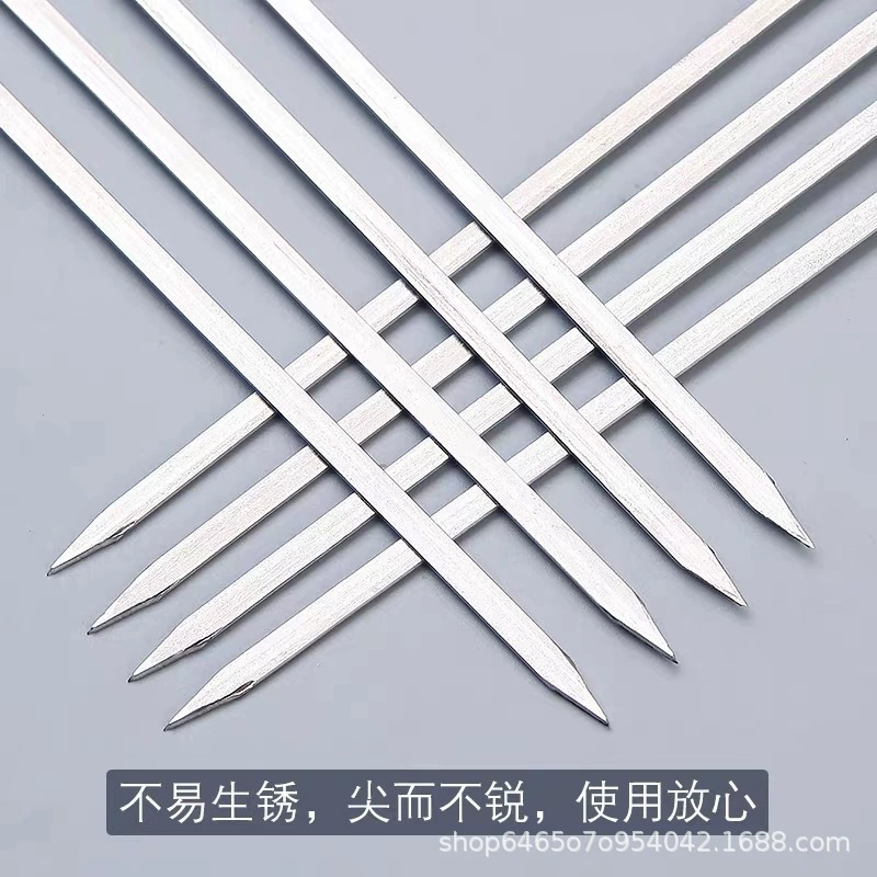 Stainless steel barbecue skewers wooden handle round skewers flat skewers barbecue shop lamb skewers barbecue needle steel needle barbecue skewers