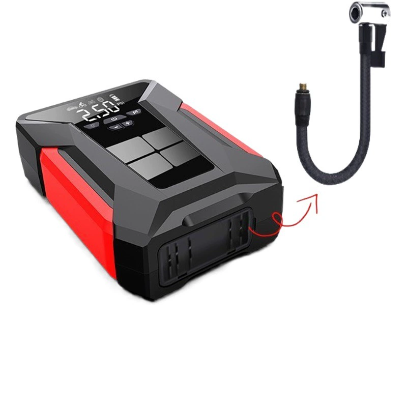 Автомобильный пуско-зарядное устройство с интегрированным насосом для подкачки шин, многофункциональным бустером для аккумуляторов и устройством для запуска двигателя.