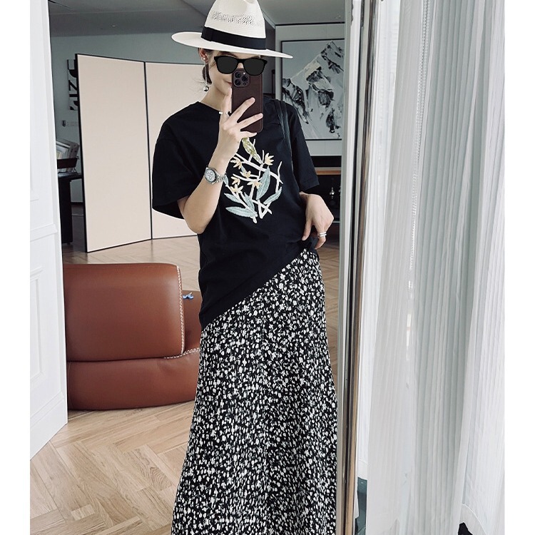 My Floral Skirt French Elegant Holiday Style Floral High Waist Mid-Length A-Line Long Skirt