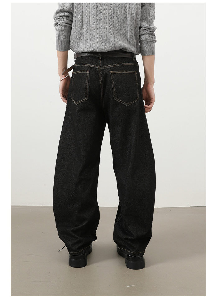 Quần jeans nam ống rộng dáng suông phong cách Mỹ, jean bò nguyên bản, lưng giữa, túi khóa kéo — Denim đen, Trắng, lâu, màu xanh chi tiết 7