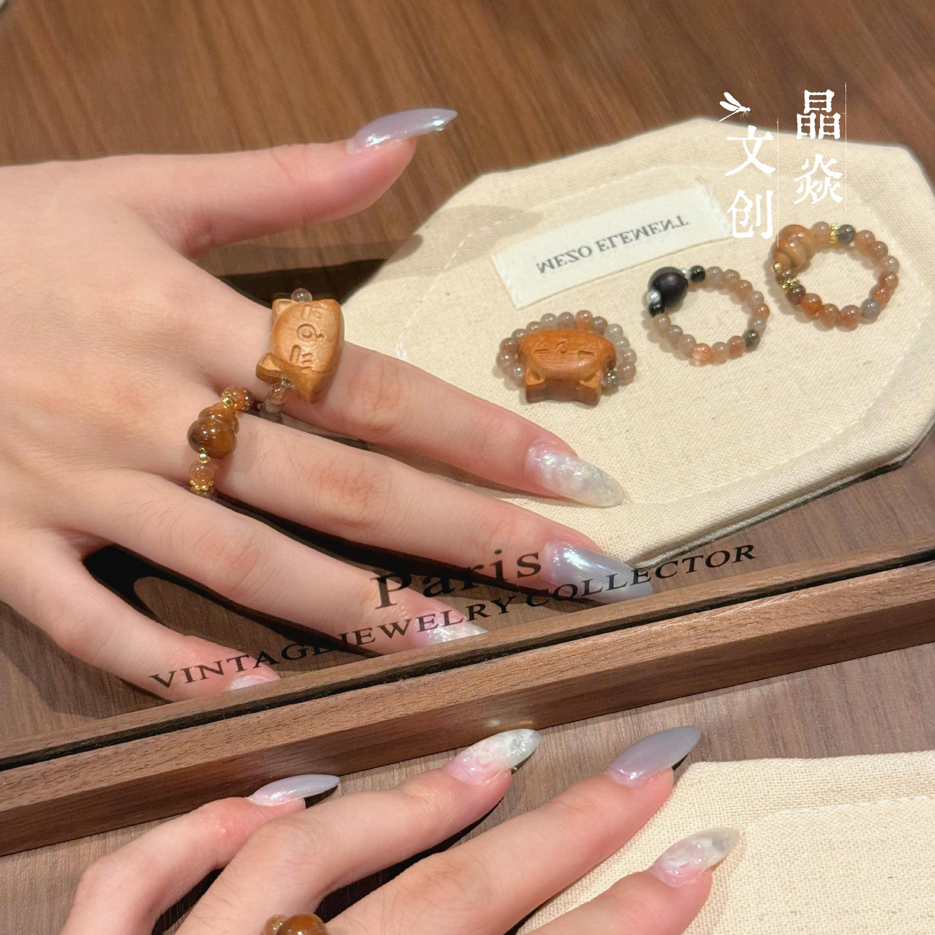 Natural Crystal Original Design Black Gold Jujube Wood Kitten Kuke Agarwood Beaded Ring for Women Kuke Ring